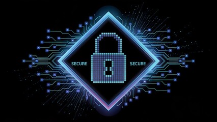 Futuristic Padlock with Radiant Blue Lines on Dark Tech Background