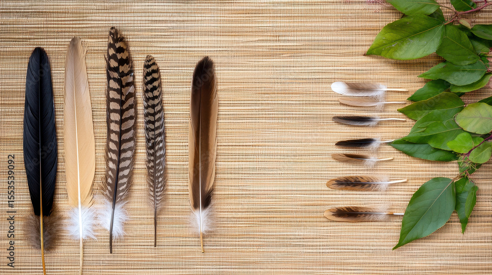 Aufkleber feathers arranged natural mat with green leaves, showcasing various colors and patterns, creating se