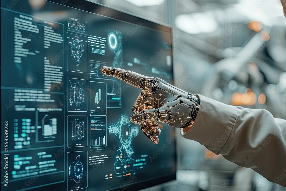 Poster robot hand pointing at futuristic screen showing data analysis and charts