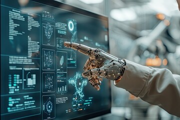 Robot hand pointing at futuristic screen showing data analysis and charts