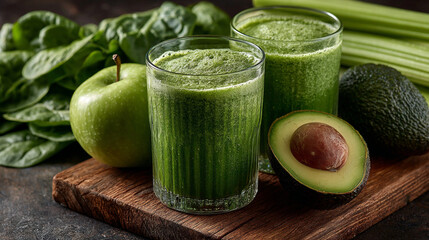 Fresh green smoothies featuring spinach, avocado, and apple prepared in a rustic kitchen