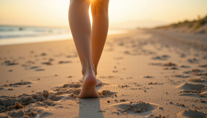 Bare feet walking on a sandy beach at sunset, with the sun shining brightly in the background.