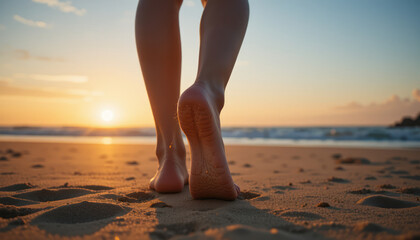 Barefoot woman walking on a golden beach at sunset.