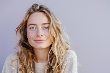 Portrait of smiling blonde woman with freckles showing natural beauty
