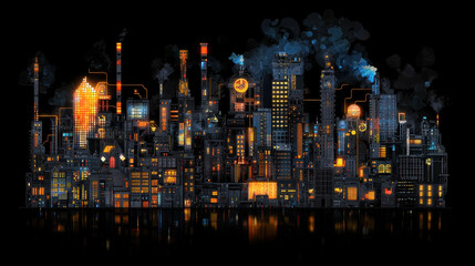 Fototapeta premium Vibrant steampunk cityscape with glowing buildings and smokestacks, showcasing blend of industrial and futuristic elements