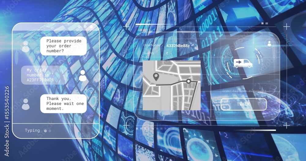 Poster displaying interface panels over blue data backdrop with chat window typing and tracking panel