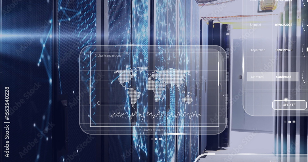 Poster floating holographic panel displaying transaction data in data center, showing server racks