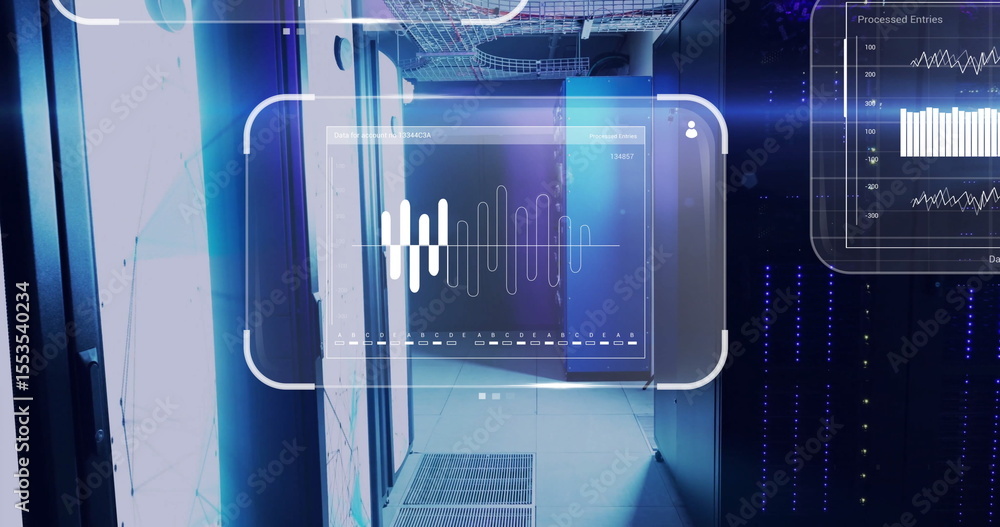 Poster floating panel projecting waveform and bar graph in server rack corridor with overhead cable trays