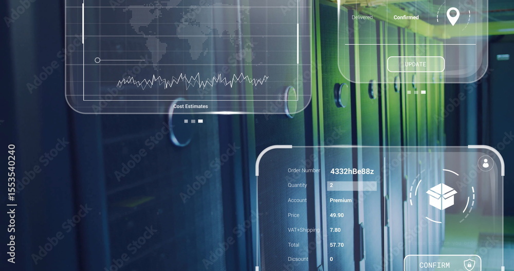 Poster displaying server racks with green lighting in data center, holographic cost and order panels
