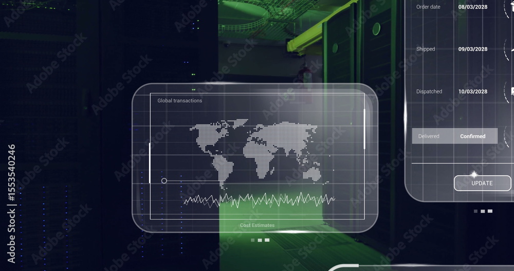 Poster holographic ui glowing in server room, with transactions map, line graph and order tracking panel