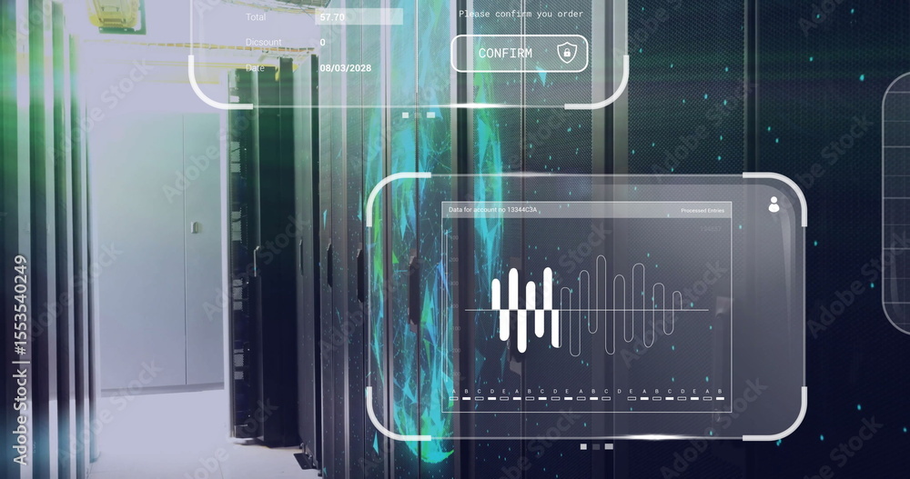 Poster server racks glowing with blinking lights in data center corridor with holographic data charts