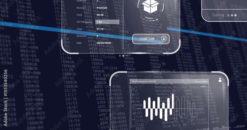 Poster showing panel with package icon pricing info and confirm button at dashboard with waveform errors