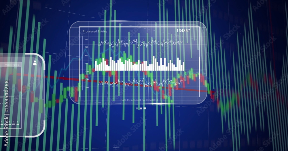 Poster Displaying chart panel showing line and bar charts number 134857 on dark blue with candlestick bars