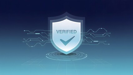 Futuristic Shield Checkmark Badge on Blue Tech Background