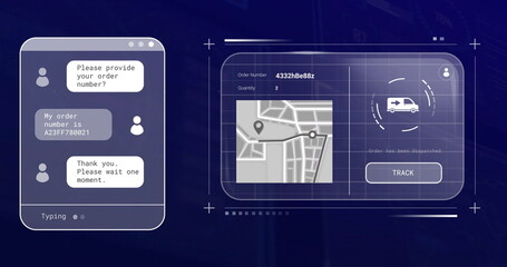 Displaying chat order tracking in tech mockup, with chat window frame, map route pins, TRACK button
