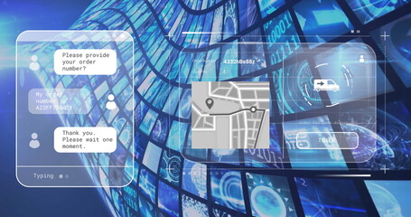 Displaying interface panels over blue data backdrop with chat window typing and tracking panel