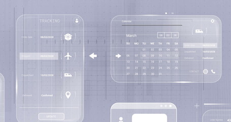 Displaying UI panels showing shipping stages and March calendar in UI workspace, with icons