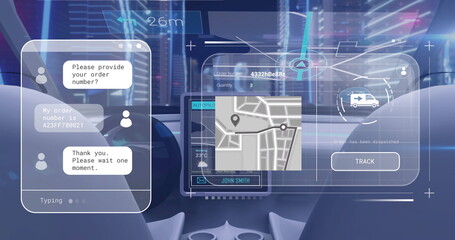 Displaying AR cockpit interface at night, with holographic chat window, map panel, track button