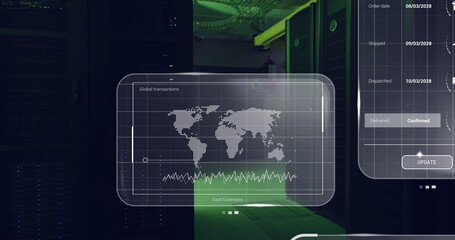 Holographic UI glowing in server room, with transactions map, line graph and order tracking panel