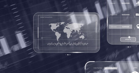 Map panel showing line graph in UI, shipping status panel, UPDATE button, order 4332hBe88z quantity