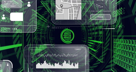 Displaying central circular HUD data node inside grid tunnel with UI panels and numeric readouts