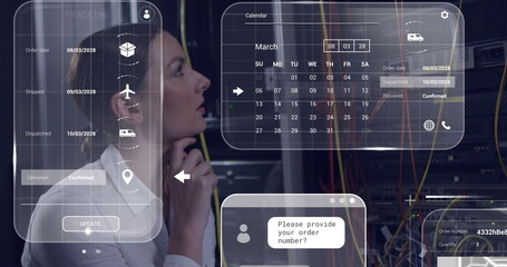 Analyzing white-shirted woman tracking UI panels in server room with racks and cables, copy space