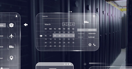 Showing March UI calendar panel floating in data center corridor, with shipment icons, date stamps