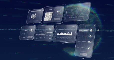 Floating translucent panels in dark space, showing waveform, map, cost, calendar and shipping icons
