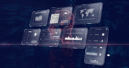 Floating digital panels displaying bar charts, calendar, map, waveform, tracking UI in 3D workspace