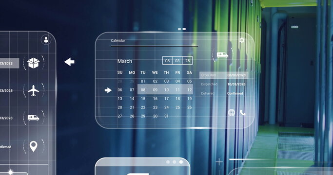 Displaying holographic calendar tracking shipments in data center, with server racks glowing green - Powered by Adobe