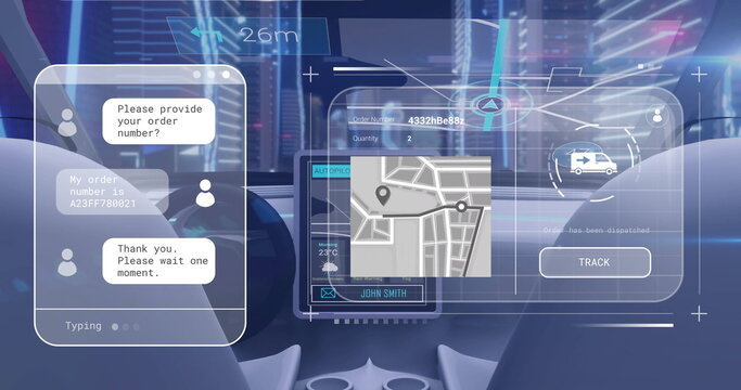 Displaying AR cockpit interface at night, with holographic chat window, map panel, track button - Powered by Adobe