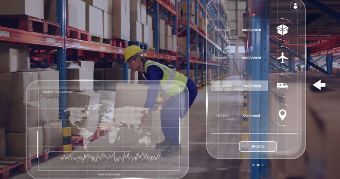 Bending warehouse worker wearing yellow helmet and vest lifting box in warehouse, with UI overlays