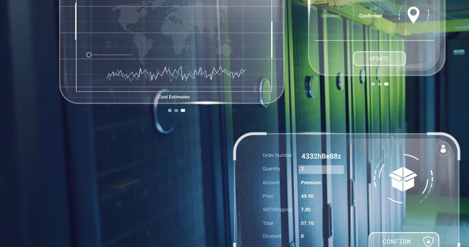 Displaying server racks with green lighting in data center, holographic cost and order panels