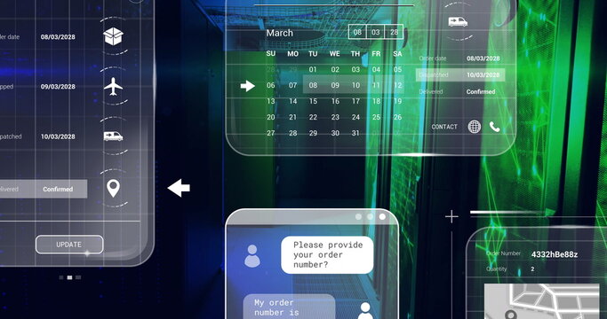 Displaying translucent calendar in server room, with order tracking, chat, summary, map snippet