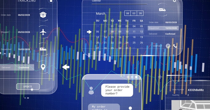 Displaying floating package tracking interface on dark blue grid, with calendar and shipping icons