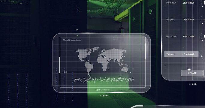Holographic UI glowing in server room, with transactions map, line graph and order tracking panel - Powered by Adobe