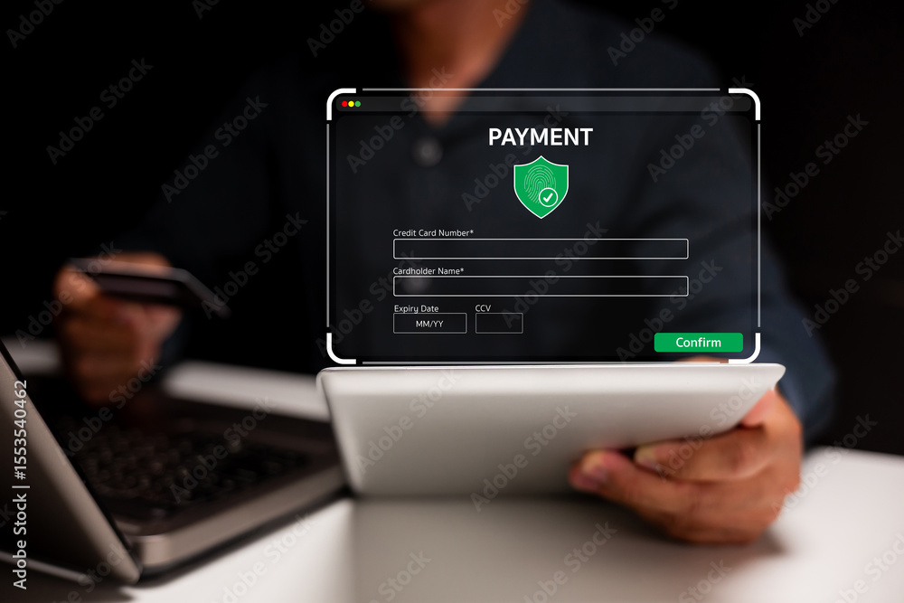 Poster a person holding a tablet and credit card, completing a secure online payment with a digital interfa