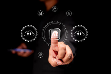 A person interacts with digital AI icons and data cloud symbols, representing artificial...