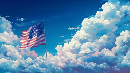 American flag waving majestically amidst fluffy clouds under a vibrant blue sky.