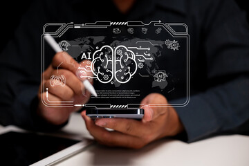 A person uses a stylus on a smartphone with a digital overlay depicting AI, a brain, and technology...