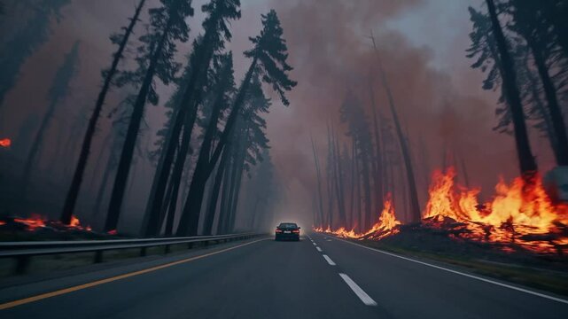 Car driving through forest wildfire with flames and smoke engulfing the roadside trees.