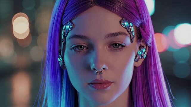 Futuristic cyberpunk woman with neon purple hair and cybernetic face implants in glowing night cityscape.