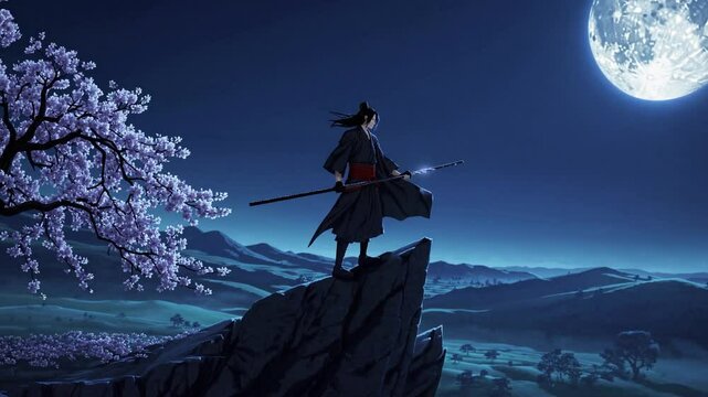 Anime samurai standing on cliff under full moon with cherry blossoms and night landscape.