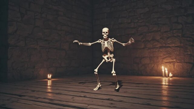 3D skeleton dancing in candlelit stone room with wooden floor.