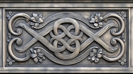 Ornate metal relief panel with intertwined knotwork and floral motifs.