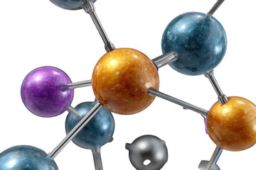 Abstract molecular structure with metallic connections and colorful spheres isolated on transparent background