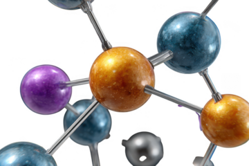 Abstract molecular structure with metallic connections and colorful spheres isolated on transparent background