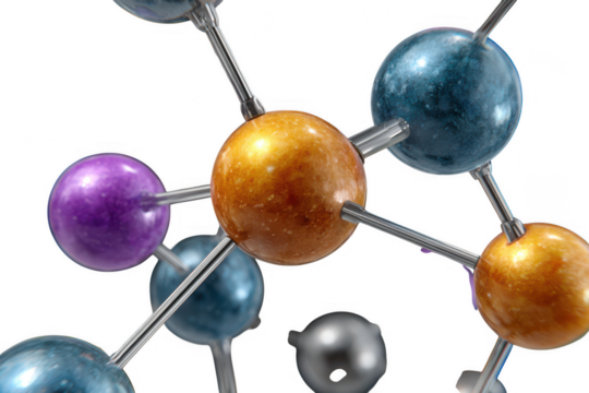 Abstract molecular structure with metallic connections and colorful spheres isolated on transparent background
