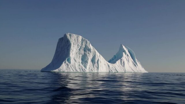 Massive iceberg floating in calm ocean waters under clear blue sky.