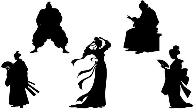 Stylish Silhouette Vector Set of Eastern Asia Cultures - Sumo Wrestler, Geisha, Scholar and Traditional Figures